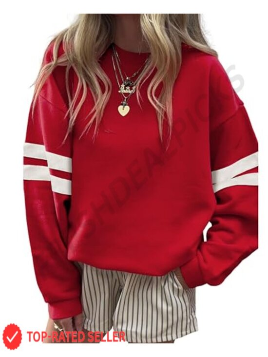 Sweaters - Oversized Varsity Striped Sweatshirt Crewneck Pullover Drop Shoulder